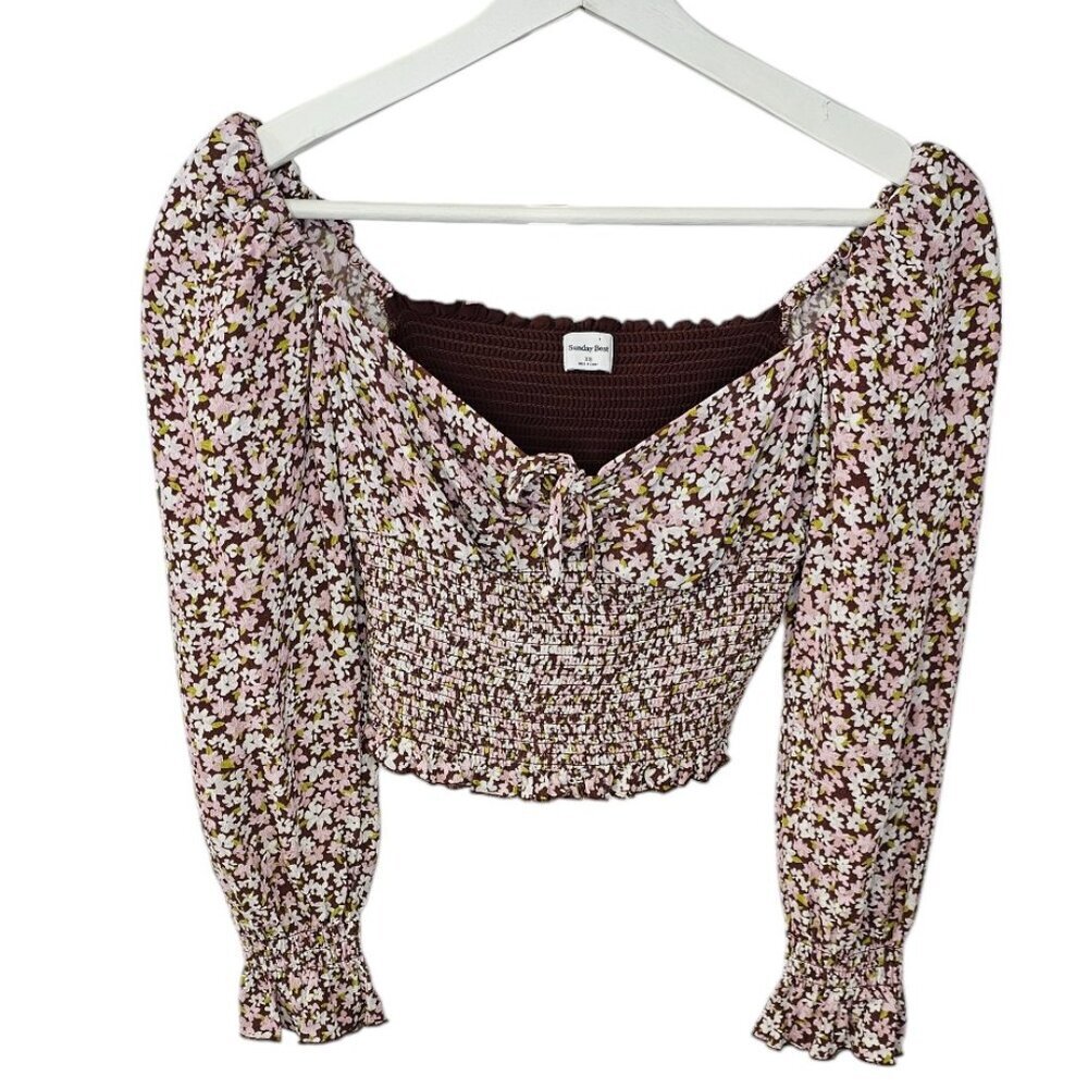 Aritzia Floral Smocked Blouse - Pink and Brown